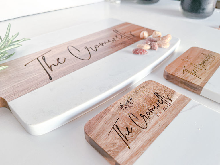 Elegant Personalized Wedding Gifts: Engraved Wood and Marble Cutting Boards and Coasters